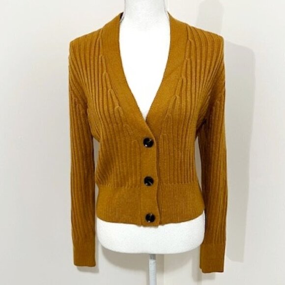 Lulus Rib Crop V-Neck Button Cardigan Sweater in Camel Color - Picture 1 of 5